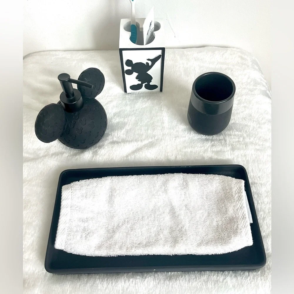 Mickey Mouse Bathroom Set Soap dispenser Towels Tray Toothbrush holder Mug